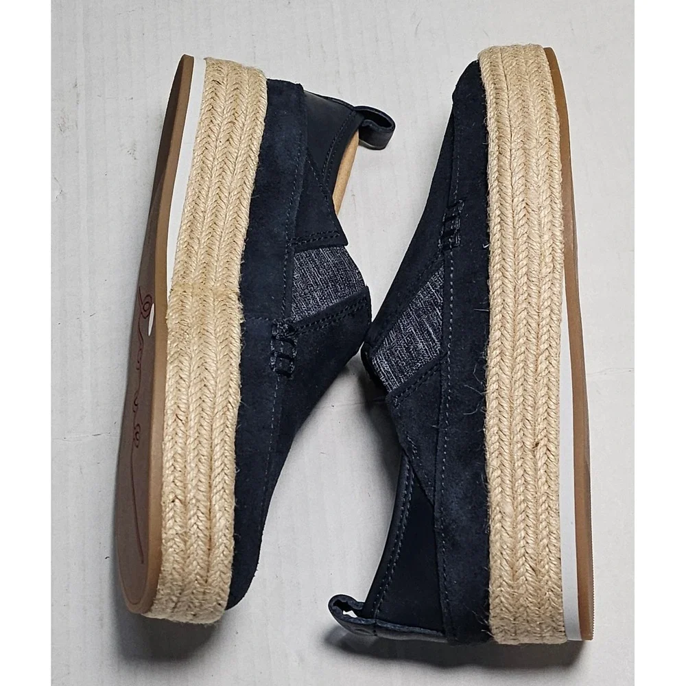 ED Ellen DeGeneres Garance Lagoon Navy Oiled Calf Suede Platform Espadrilles 5.5